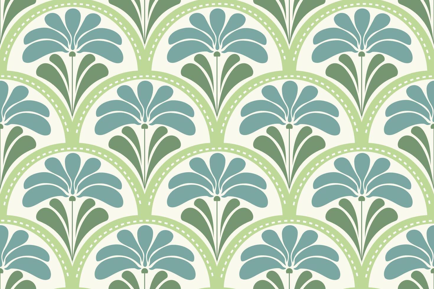 Supplied green and teal Art Deco flower wallpaper pattern.