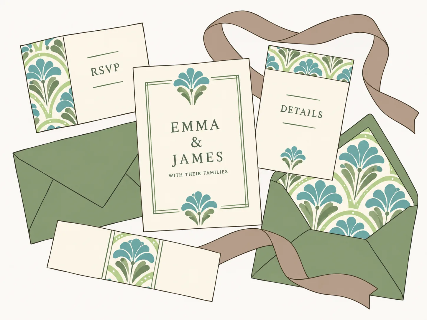 Original flat hand-drawn wedding suite for Emma and James, with ivory paper, the supplied green Art Deco pattern, sage envelopes, a belly band and taupe ribbon in a new arrangement.